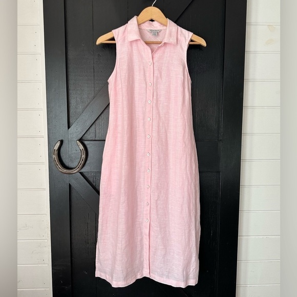 Tommy Bahama Ventana Plaid Linen Sleeveless Resort Shirt Dress in Bikini Pink XS - Picture 3 of 14